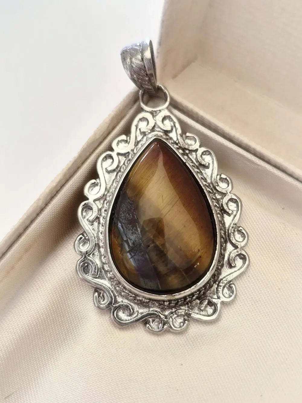 Vintage Large Silver-tone Pear Tiger-Eye Pendant